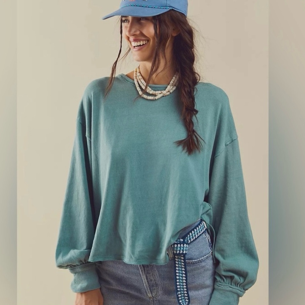 Free People Ready for This Aegean Sea Teal Blue Green Long Sleeve Pullover Top